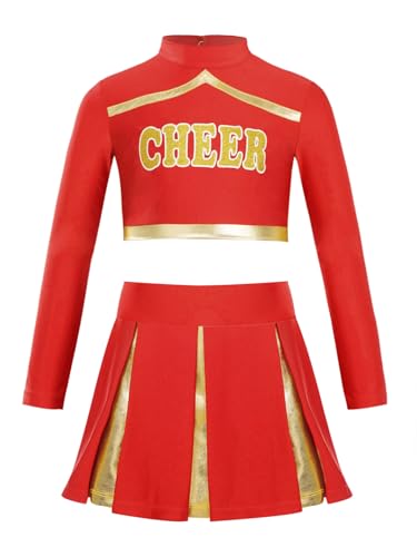 HULIJA Kinder Mädchen Cheer Leader Kostüm Langarm Cheer Crop Top mit + Minirock Cheerleadering Outfits Set Tanzanzug Halloween Cosplay Rot 110-116 von HULIJA