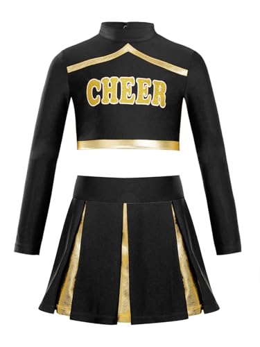 HULIJA Kinder Mädchen Cheer Leader Kostüm Langarm Cheer Crop Top mit + Minirock Cheerleadering Outfits Set Tanzanzug Halloween Cosplay Schwarz 122-128 von HULIJA