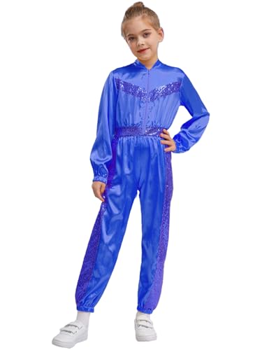 HULIJA Kinder Mädchen Pailletten Jumpsuit Ganzkörperanzug Langarm Tanzanzug Einteilige Bodysuit Festliche Kleidung Disco Kostüm Blau 110-116 von HULIJA