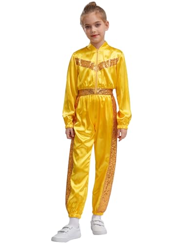 HULIJA Kinder Mädchen Pailletten Jumpsuit Ganzkörperanzug Langarm Tanzanzug Einteilige Bodysuit Festliche Kleidung Disco Kostüm Gold 110-116 von HULIJA