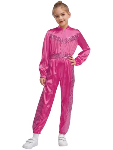 HULIJA Kinder Mädchen Pailletten Jumpsuit Ganzkörperanzug Langarm Tanzanzug Einteilige Bodysuit Festliche Kleidung Disco Kostüm Hot Pink 110-116 von HULIJA