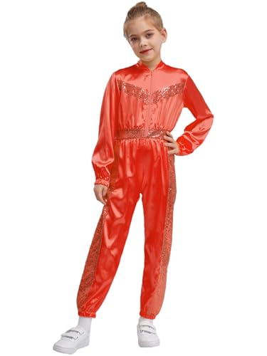 HULIJA Kinder Mädchen Pailletten Jumpsuit Ganzkörperanzug Langarm Tanzanzug Einteilige Bodysuit Festliche Kleidung Disco Kostüm Rot 122-128 von HULIJA