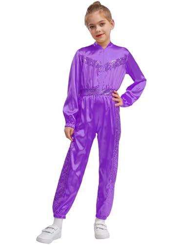 HULIJA Kinder Mädchen Pailletten Jumpsuit Ganzkörperanzug Langarm Tanzanzug Einteilige Bodysuit Festliche Kleidung Disco Kostüm Violett 110-116 von HULIJA