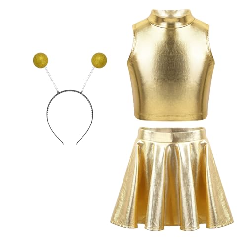 HULIJA Mädchen Alien Kostüm Zubehör Metallic Oberteile Plissiert A-Linie Minirock Stirnband Set Holographischer Space Girl Outfits Gold 110-116 von HULIJA