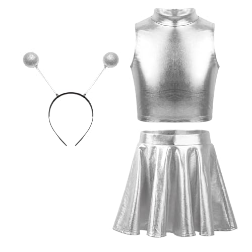 HULIJA Mädchen Alien Kostüm Zubehör Metallic Oberteile Plissiert A-Linie Minirock Stirnband Set Holographischer Space Girl Outfits Silber 122-128 von HULIJA