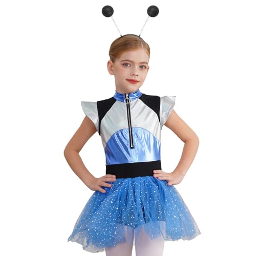 HULIJA Mädchen Alien Kostüm Zubehör Metallic Space Girl Kleid mit Tüllrock Alien Haarreif Set Astronauten Cosplay Fasching Outfits Blau 110-116 von HULIJA