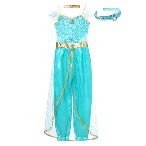 HULIJA Mädchen Bauchtanz Kostüm Set Pailletten Outfits Prinzessin Kostüm Indische Tanzkostüm Party Fasching Mottoparty Hellblau 110-116 von HULIJA