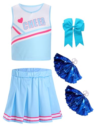 HULIJA Mädchen Cheer Leadering Kostüm Ärmellos Crop Top + Tanzrock + Pompoms + Socken Cheer Leaderin Kostüm Cosplay Party Tanzkleidung Blau 110-116 von HULIJA