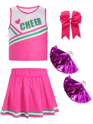 HULIJA Mädchen Cheer Leadering Kostüm Ärmellos Crop Top + Tanzrock + Pompoms + Socken Cheer Leaderin Kostüm Cosplay Party Tanzkleidung Rosa 110-116 von HULIJA