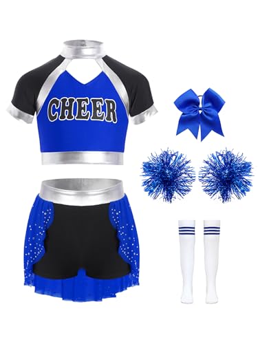 HULIJA Mädchen Cheer Leadering Kostüm Crop Top mit Shorts Pompoms Socken Bowknot Kopfbedeckung Cheer Leader Unifromen Outfit Blau 134-140 von HULIJA