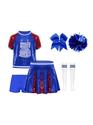 HULIJA Mädchen Cheer Leadering Kostüm Kurzarm Paillettenshirt mit Minirock + Kurze Hose + Pompoms + Socken + Kopfbedeckung Cheer Leader Verkleidung Blau 122-128 von HULIJA