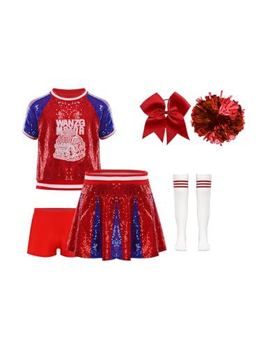 HULIJA Mädchen Cheer Leadering Kostüm Kurzarm Paillettenshirt mit Minirock + Kurze Hose + Pompoms + Socken + Kopfbedeckung Cheer Leader Verkleidung Rot 122-128 von HULIJA