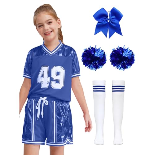 HULIJA Mädchen Cheer Leadering Kostüm Metallic T-Shirt + Shorts + Pompoms + Socken + Gummiband Cheer Leader Kostüm Fasching Cosplay Blau 110-116 von HULIJA