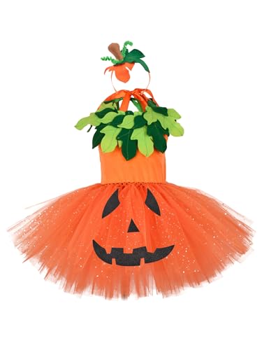 HULIJA Mädchen Kürbis Kleid Halloween Geist Kostüm mit Kürbis Druck + Halsumfang + Kopfbedeckung Cosplay Fasching Karneval Verkleidung Orange 110-116 von HULIJA