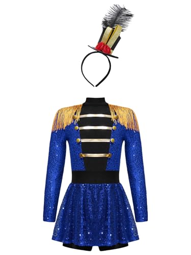 HULIJA Mädchen Zirkusdirektor Kostüm Glitzer Zirkus Kostüm Ringmaster Kleid + Mini Zylinder Karneval Weihnachten Party Cosplay Verkleidung Blau 110-116 von HULIJA