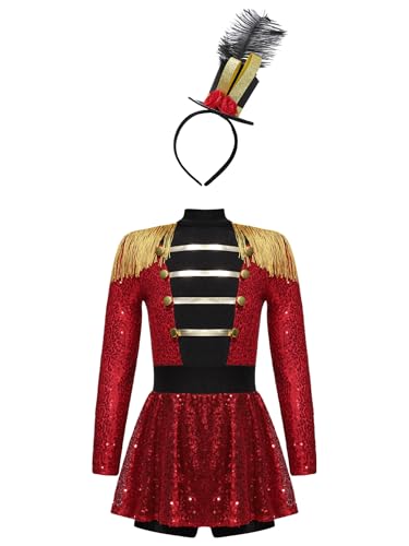 HULIJA Mädchen Zirkusdirektor Kostüm Glitzer Zirkus Kostüm Ringmaster Kleid + Mini Zylinder Karneval Weihnachten Party Cosplay Verkleidung Rot 110-116 von HULIJA