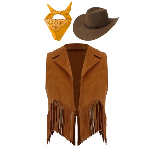 HULIJA Unisex Kinder Cowboy Kostüm Zubehör Fransen Weste Cowboy Hut mit Bandana Set Cowboy Cowgirl Set Mottoparty Fasching Halloween Braun&Gelb 122-128 von HULIJA