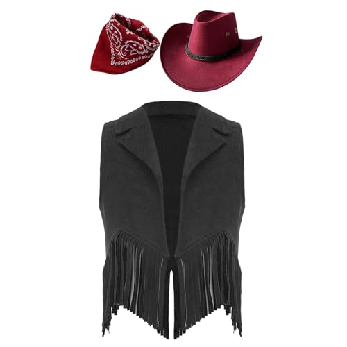 HULIJA Unisex Kinder Cowboy Kostüm Zubehör Fransen Weste Cowboy Hut mit Bandana Set Cowboy Cowgirl Set Mottoparty Fasching Halloween Schwarz Rot 110-116 von HULIJA