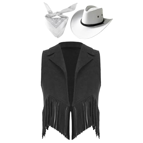 HULIJA Unisex Kinder Cowboy Kostüm Zubehör Fransen Weste Cowboy Hut mit Bandana Set Cowboy Cowgirl Set Mottoparty Fasching Halloween Schwarz-Weiss 158-164 von HULIJA