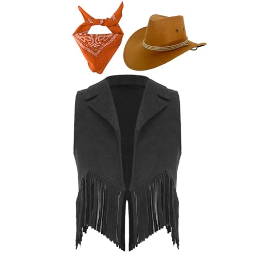 HULIJA Unisex Kinder Cowboy Kostüm Zubehör Fransen Weste Cowboy Hut mit Bandana Set Cowboy Cowgirl Set Mottoparty Fasching Halloween Schwarz & Orange 134-140 von HULIJA