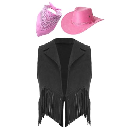 HULIJA Unisex Kinder Cowboy Kostüm Zubehör Fransen Weste Cowboy Hut mit Bandana Set Cowboy Cowgirl Set Mottoparty Fasching Halloween Schwarz & Rosa 146-152 von HULIJA