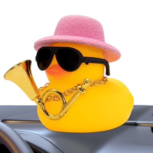 HUNJHYC Auto-Enten für Armaturenbrett - Gummi-Ente Quietschspielzeug Auto-Ornamente, Entenauto-Ornament mit Musikinstrument-Halskette, Sonnenbrille, Hut von HUNJHYC