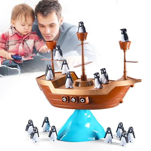 HUNJHYC Piratenschiff Spielzeug Kleinkind - ABS Brettspiele für Kinder mit Piratenschiff-Pinguin-Design | Niedliche Figur Balance Blocks Lernspielzeug für Kinder Balance Stacking Game von HUNJHYC