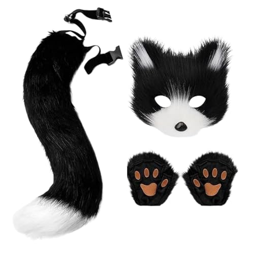 Wolfskostüm-Set – Falscher Wolf Maskerade Kostüm | Anti-Plüschtier Fun Tier Cat Tail Cosplay Kostüm | Handschuhe-Set mit Schwanz und Pfote | Gefälschter Wolf Maskerade Kostüm in fo von HUNJHYC