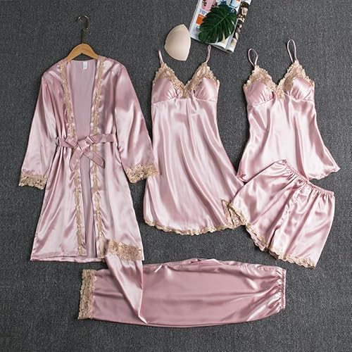 HUNNY Baby Dolls Nachthemd Pyjama für Damen fünfteiliges Set Nachthemd aus Eisseide mit Hosenträgern und Brustpolster Damen können es draußen tragen Nachthemd Hauskleidung von HUNNY