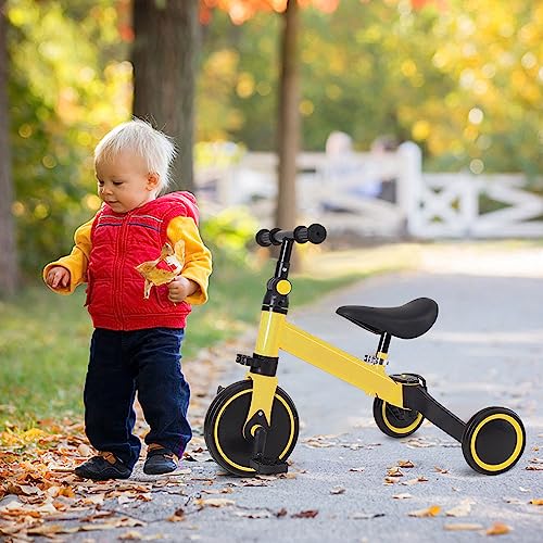 2 in 1 Kinder Dreirad & Laufrad & Balance Bike mit verstellbarem Sitz und Lenker, Kinder Tricycle mit abnehmbaren Pedalen, für Kinder von 1-3 Jahre alt-2 in 1 (gelb) von HUOLE