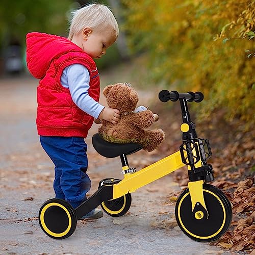 2 in 1 Kinder Dreirad & Laufrad & Balance Bike mit verstellbarem Sitz und Lenker, Kinder Tricycle mit abnehmbaren Pedalen, für Kinder von 1-3 Jahre alt-2 in 1 (gelb) von HUOLE