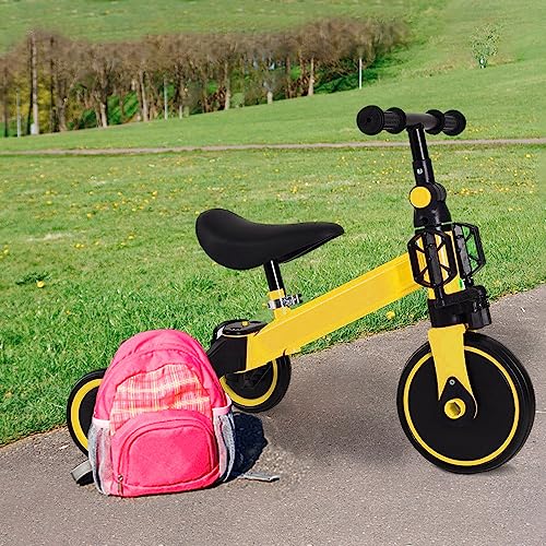 2 in 1 Kinder Dreirad & Laufrad & Balance Bike mit verstellbarem Sitz und Lenker, Kinder Tricycle mit abnehmbaren Pedalen, für Kinder von 1-3 Jahre alt-2 in 1 (gelb) von HUOLE