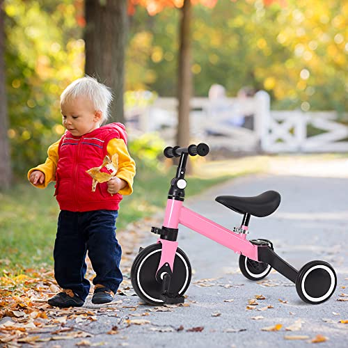 HUOLE 2 in 1 Kinder Dreirad & Laufrad & Balance Bike mit verstellbarem Sitz und Lenker, Kinder Tricycle mit abnehmbaren Pedalen, für Kinder von 1-3 Jahre alt-2 in 1 (rosa) von HUOLE