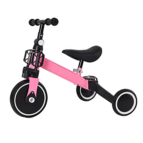 2 in 1 Kinder Dreirad & Laufrad & Balance Bike mit verstellbarem Sitz und Lenker, Kinder Tricycle mit abnehmbaren Pedalen, für Kinder von 1-3 Jahre alt-2 in 1 (rosa) von HUOLE