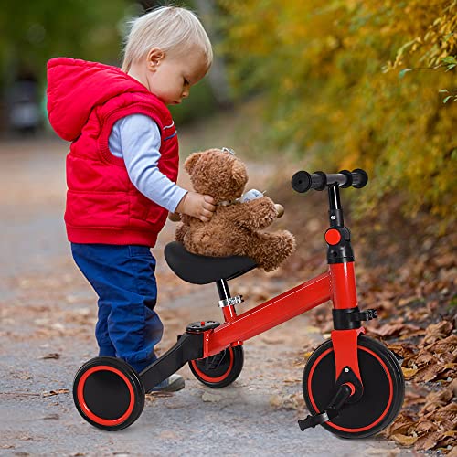 2 in 1 Kinder Dreirad & Laufrad & Balance Bike mit verstellbarem Sitz und Lenker, Kinder Tricycle mit abnehmbaren Pedalen, für Kinder von 1-3 Jahre alt-2 in 1 (rot) von HUOLE