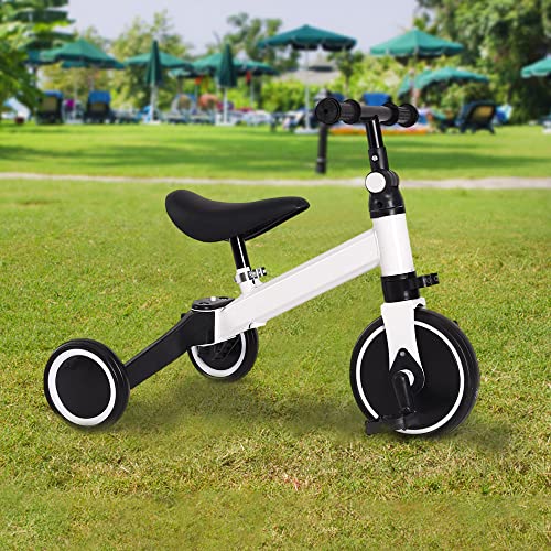 2 in 1 Kinder Dreirad & Laufrad & Balance Bike mit verstellbarem Sitz und Lenker, Kinder Tricycle mit abnehmbaren Pedalen, für Kinder von 1-3 Jahre alt-2 in 1 (weiß) von HUOLE