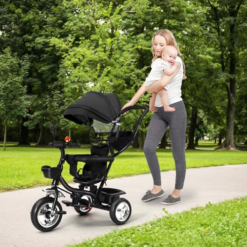 4 in 1 Kinderdreirad Tricycle für Kinder ab 12 Monate bis 5 Jahren mit Abnehmbarer Sonnendach&Schubstange Dreiräder,Jogger, mit Dachfenster, Sicherheitsgurte, 360 Grad Drehbar,4 in 1 (schwarz) von HUOLE