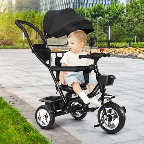 4 in 1 Kinderdreirad Tricycle für Kinder ab 12 Monate bis 5 Jahren mit Abnehmbarer Sonnendach&Schubstange Dreiräder,Jogger, mit Dachfenster, Sicherheitsgurte, 360 Grad Drehbar,4 in 1 (schwarz) von HUOLE