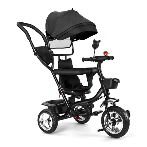 4 in 1 Kinderdreirad Tricycle für Kinder ab 12 Monate bis 5 Jahren mit Abnehmbarer Sonnendach&Schubstange Dreiräder,Jogger, mit Dachfenster, Sicherheitsgurte, 360 Grad Drehbar,4 in 1 (schwarz) von HUOLE