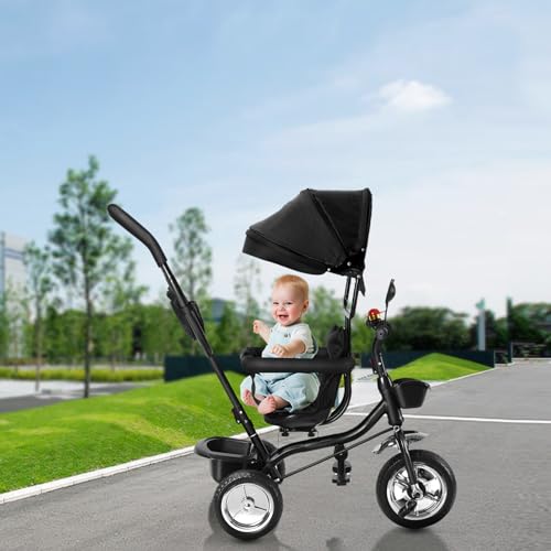 4 in 1 Kinderdreirad Tricycle für Kinder ab 12 Monate bis 5 Jahren mit Abnehmbarer Sonnendach&Schubstange Dreiräder,Jogger, mit Dachfenster, Sicherheitsgurte, 360 Grad Drehbar,4 in 1 (schwarz) von HUOLE