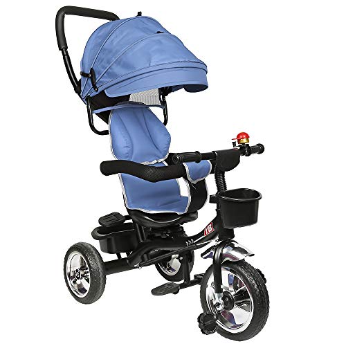 4 in 1 Kinderdreirad Tricycle für Kinder ab 12 Monate bis 5 Jahren mit Abnehmbarer Sonnendach&Schubstange Dreiräder,Jogger, mit Dachfenster, Sicherheitsgurte, Freilaufrad (4 in 1 (Dunkelblau)) von HUOLE