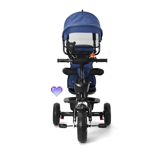 4 in 1 Kinderdreirad Tricycle für Kinder ab 12 Monate bis 5 Jahren mit Abnehmbarer Sonnendach&Schubstange Dreiräder,Jogger, mit Dachfenster, Sicherheitsgurte, Freilaufrad (4 in 1 (Dunkelblau)) von HUOLE