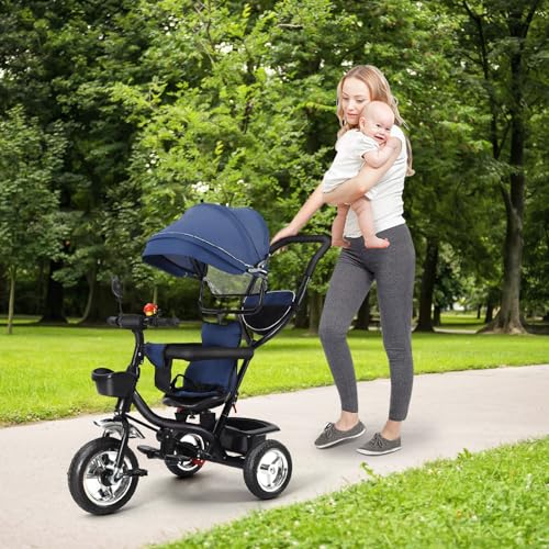 4 in 1 Kinderdreirad Tricycle für Kinder ab 12 Monate bis 5 Jahren mit Abnehmbarer Sonnendach&Schubstange Dreiräder,Jogger, mit Dachfenster, Sicherheitsgurte, 360 Grad Drehbar, Freilaufrad von HUOLE