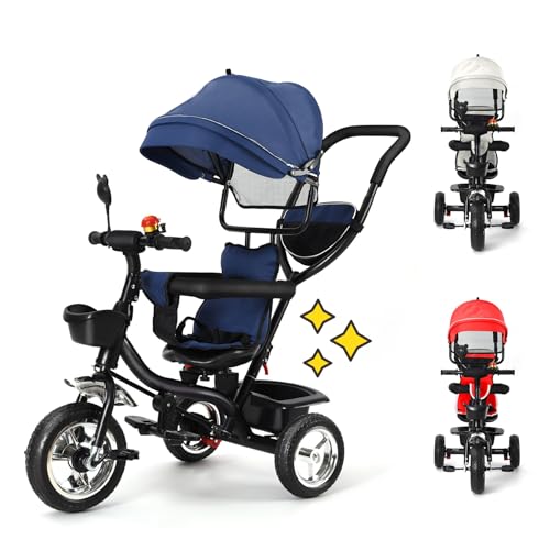 4 in 1 Kinderdreirad Tricycle für Kinder ab 12 Monate bis 5 Jahren mit Abnehmbarer Sonnendach&Schubstange Dreiräder,Jogger, mit Dachfenster, Sicherheitsgurte, 360 Grad Drehbar, Freilaufrad von HUOLE