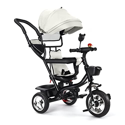 Kinderdreirad Tricycle für Kinder ab 12 Monate bis 5 Jahren mit Abnehmbarer Sonnendach&Schubstange Dreiräder,Jogger, mit Dachfenster, Sicherheitsgurte, 360 Grad Drehbar(4 in 1 (Hellgrau)) von HUOLE