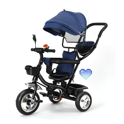 HUOLE Dreirad 4in1 Kinderdreirad mit Schubstange Lenksystem Stange ab 1 Jahr, Jogger vorwärts und Rückwärtsfahrt,Korb Tasche Getränkehalter Sonnendach Gummiräder Buggy Fahrrad Baby Klappbar Blau von HUOLE