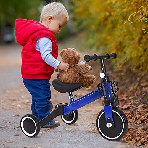 2 in 1 Kinder Dreirad & Laufrad & Balance Bike mit verstellbarem Sitz und Lenker, Kinder Tricycle mit abnehmbaren Pedalen, für Kinder von 1-3 Jahre alt-2 in 1 (blau) von HUOLE