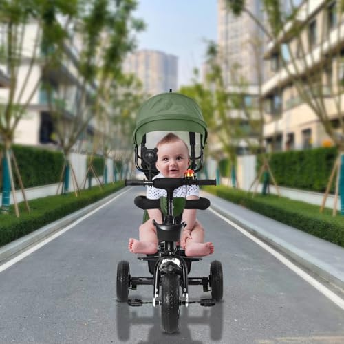 Kinderdreirad Tricycle für Kinder ab 12 Monate bis 5 Jahren mit Abnehmbarer Sonnendach&Schubstange Dreiräder,Jogger, mit Dachfenster, Sicherheitsgurte, 360 Grad Drehbar4 in 1 (grün) von HUOLE