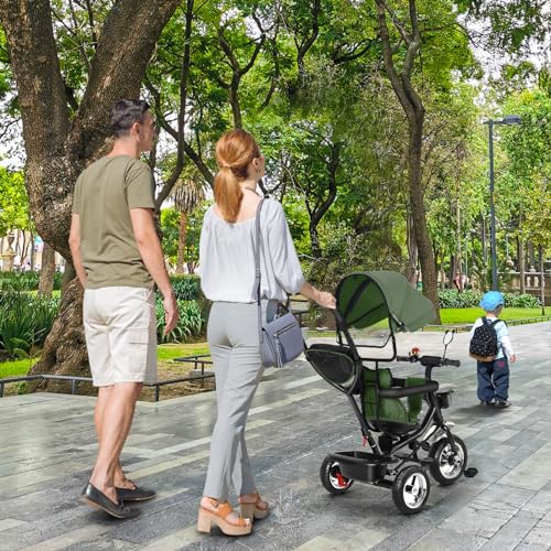 HUOLE Kinderdreirad Tricycle für Kinder ab 12 Monate bis 5 Jahren mit Abnehmbarer Sonnendach&Schubstange Dreiräder,Jogger, mit Dachfenster, Sicherheitsgurte, 360 Grad Drehbar4 in 1 (grün) von HUOLE