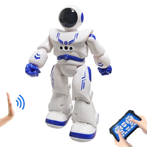 HUSAN Fernbedienungsroboter für Kinder, intelligenter programmierbarer Roboter mit Infrarot-Controller-Spielzeug, Tanzen, Singen, Moonwalking und LED-Augen, Gestenerkennungs-Roboter-Kit (Blau-) von HUSAN